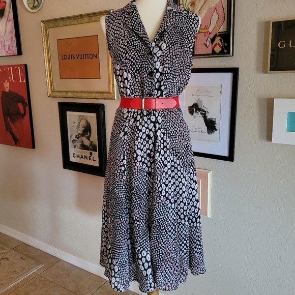 Vintage 80's Black Red and White Abstract Fluted Hem Midi Dress - Picture 3 of 7